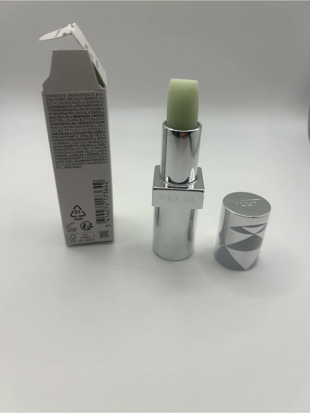 Prada Lip Balm U000 Universal in Pale Green with Silver Case